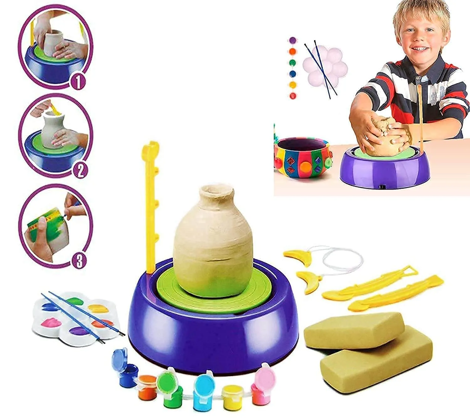 Pottery Wheel: Kids' Craft Toy with Clay, Paints & Stencils (Motorized) - Image 3