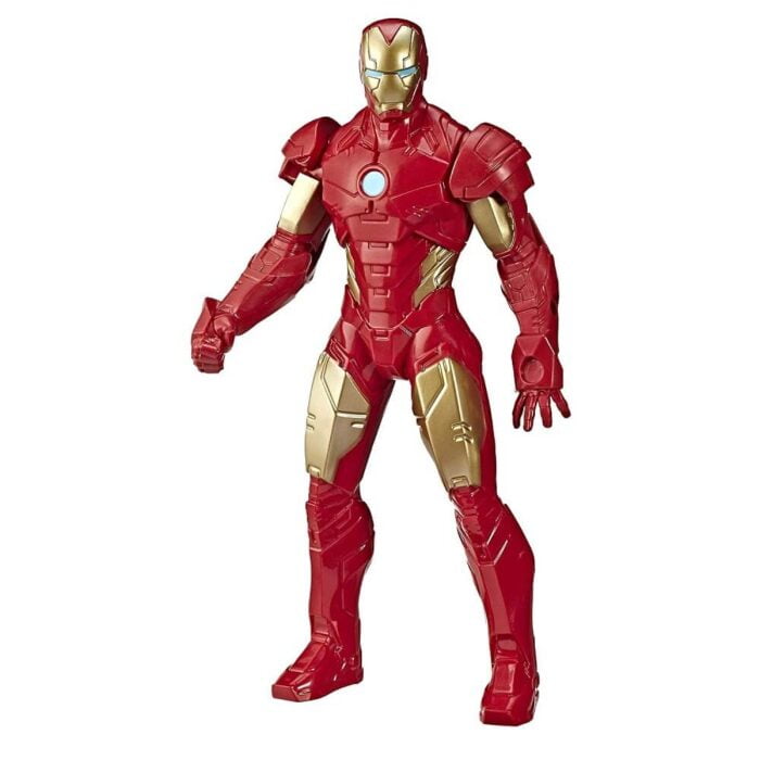Image of an Iron Man action figure, wearing his signature red and gold suit, in a heroic pose with his repulsor beams charged.
