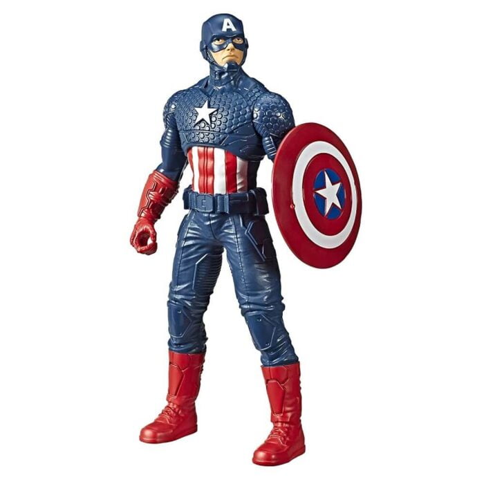 Image of a Captain America action figure toy, featuring the classic red, white, and blue suit, and holding his shield in a defensive stance