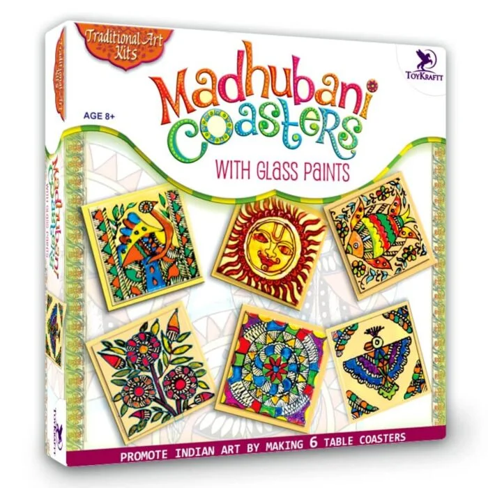 Image of a Coaster Making Painting Kit for Kids, featuring wooden coasters, paintbrushes, colorful paints, and a booklet with step-by-step instructions. The kit is designed to help children learn and create unique painted coasters, which can be used as functional pieces of art to decorate their home