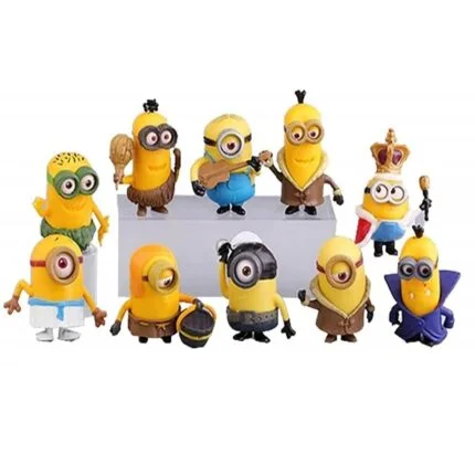 Image of a Minions action figure set, featuring a group of small, yellow, cylindrical characters with goggles and overalls.