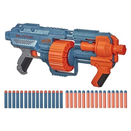 Image of Nerf Elite 2.0 Shockwave Toy Blaster: A blue and orange plastic toy gun with a long barrel and a pump-action mechanism.