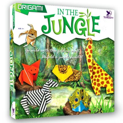 Image of 'Origami in The Jungle' Craft Activity Kit for Kids, featuring a collection of colorful papers, instruction booklet, and completed origami animals. The kit is designed to help children learn and create origami animals inspired by the jungle, such as monkeys, tigers, and parrots.