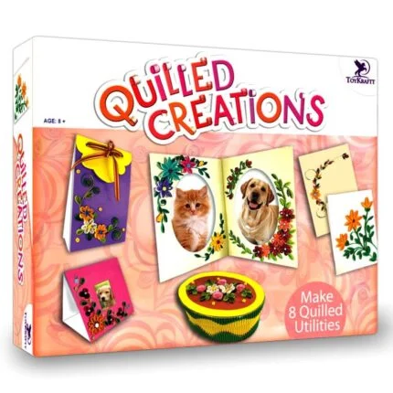 Image of a Paper Quilling Craft Kit for Kids, featuring a range of colorful paper strips, quilling tool, instruction booklet, and completed quilled designs. The kit is designed to help children learn and create beautiful quilled designs, which involves rolling and shaping paper strips into intricate patterns and shapes