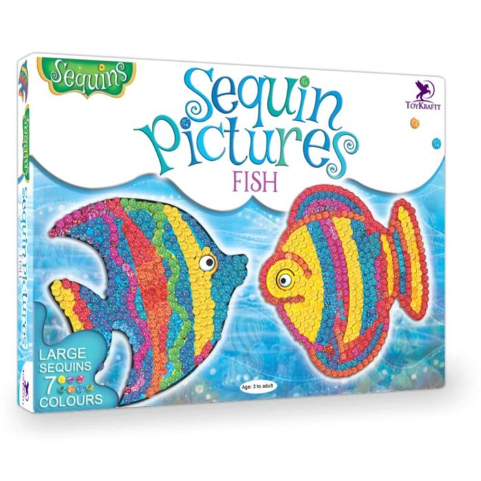 Image of a colorful sequin picture craft kit designed for kids. The kit includes a template with a pre-printed image, adhesive paper, and a variety of sequins in different shapes and sizes