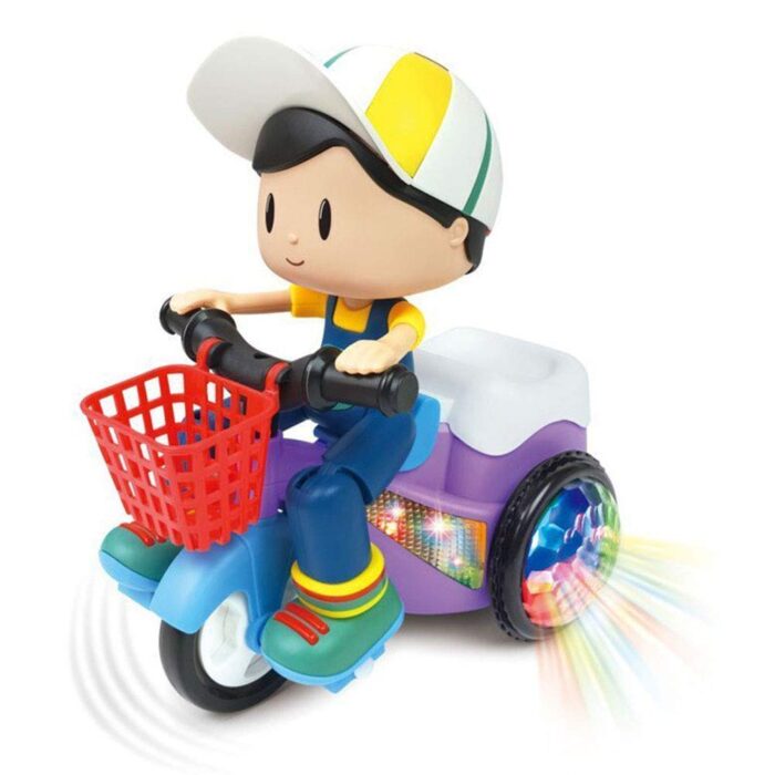 boy seating on tricycle toy with stunt and 4D lights buy now shopbefikar