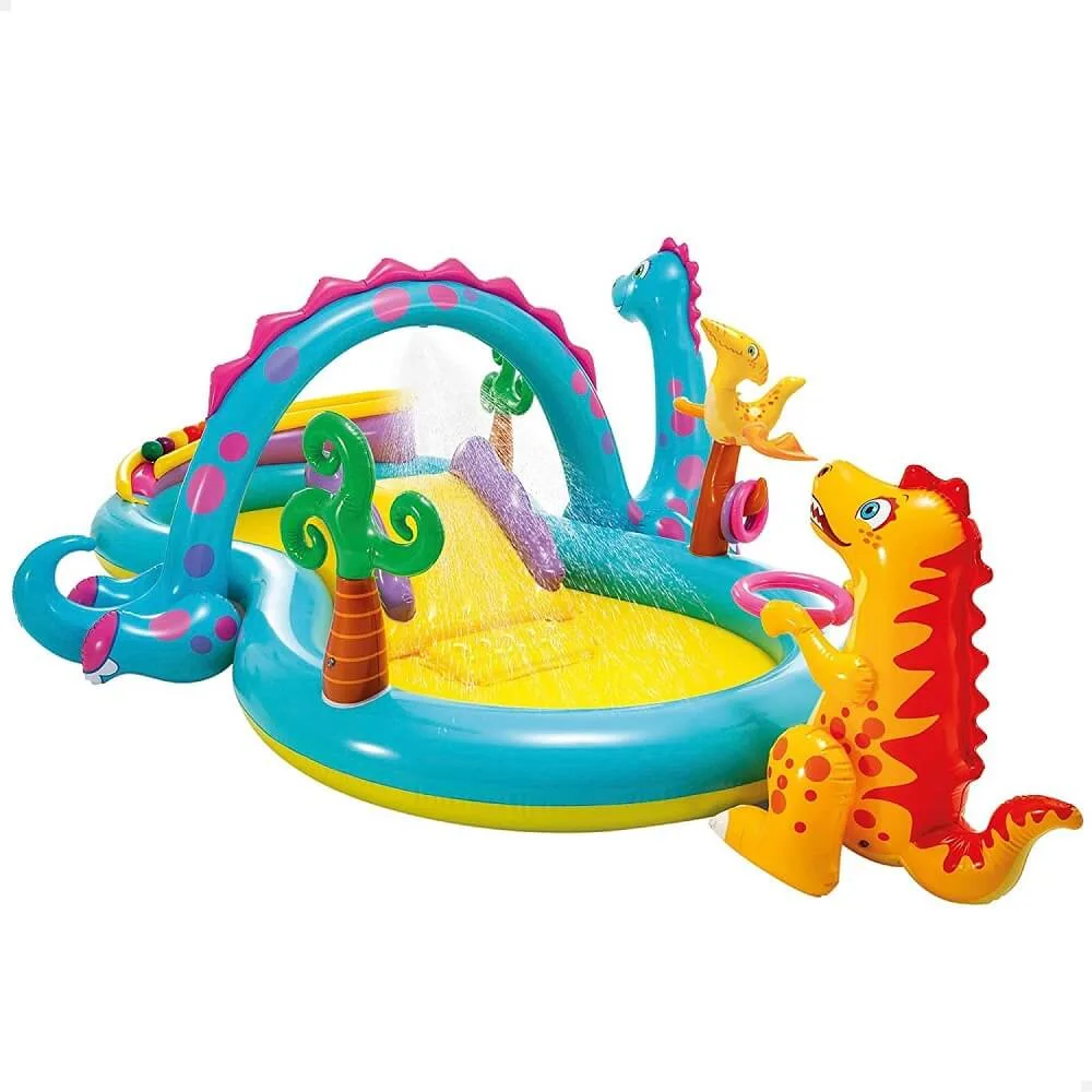 dinoland swimming pool play Dinoland Inflatable Kids Pool with Slide & Sprayer | Large 9ft Play Center | Shopbefikar