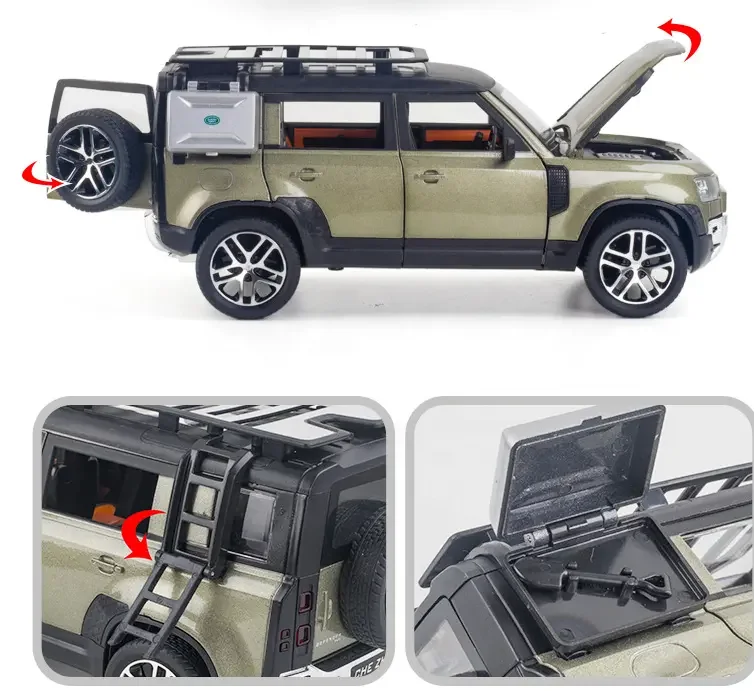 land rover defender die-cast toy car3-min 1:24 Diecast Land Rover Defender Toy Car - Sound, Light, & Pull-Back Action - Image 6