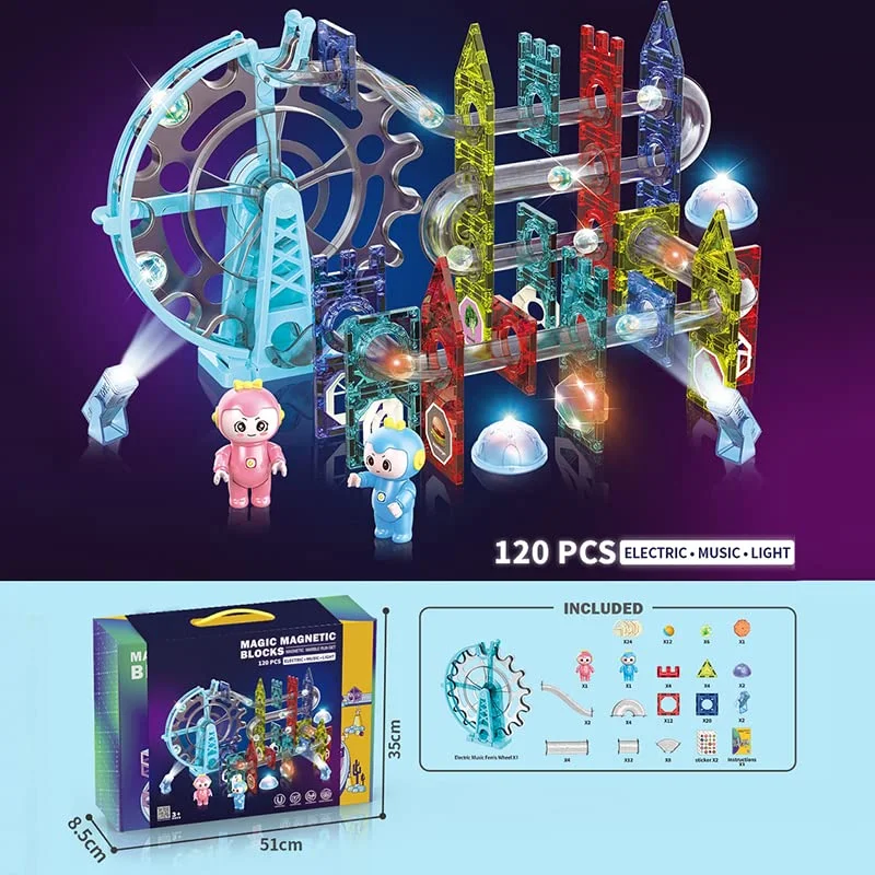 120 Pcs 3D Magnetic Construction Light Blocks Track with Ferris Wheel | Marble Run STEM Toy | Age 3+ - Image 6