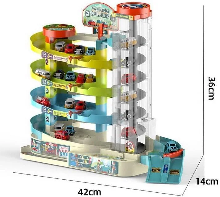 Shopbefikar Car Parking Building Toy | 5 Floor Parking Garage with Rotary Elevator, Lights & Music | 6 Cars Included | Age 4+ - Image 3