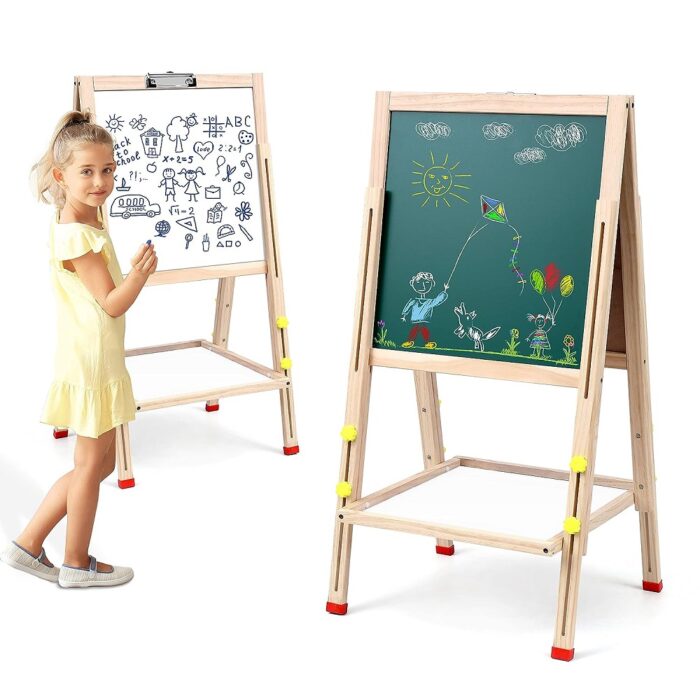 Shopbefikar's 2-in-1 Writing Board with kid drawing on both chalkboard & whiteboard sides. Adjustable stand, removable art supply tray.