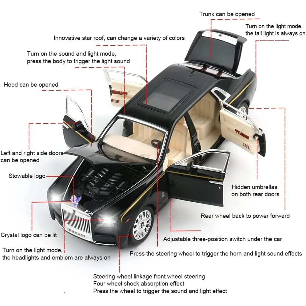 1:24 Diecast Rolls Royce Phantom Toy Car - Sound, Light, & Pull-Back Action - Image 4