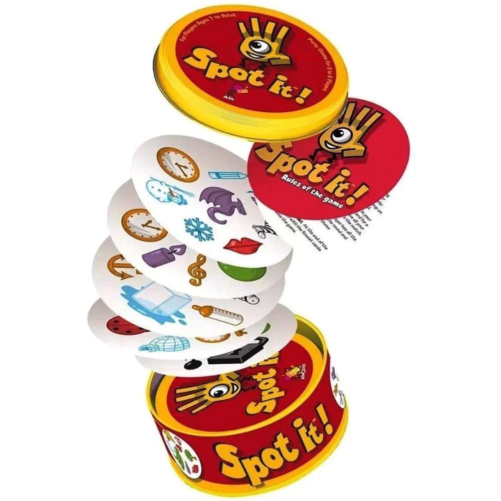 spot it Test your observation skills with Spot It! This fast-paced card game requires players to quickly find the one matching symbol between two cards. Perfect for family game nights.