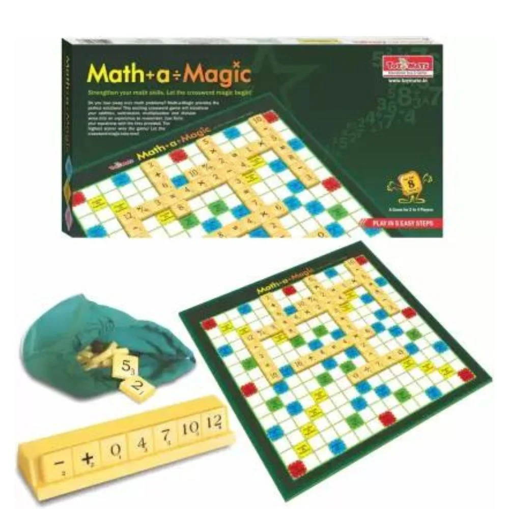 toymate math a magic crossword (5) Math-A-Magic Adventure: Embark on a magical journey of math exploration with this educational board game. It transforms mathematical concepts into an enjoyable and interactive experience. Comprehensive Sales Package: The game includes 1 game board, 92 number tiles, 1 tile's storage bag, 4 tile's racks cum scoreboard, and an instruction guide in both English and Hindi. Everything needed for a complete and engaging gaming experience is included. Materials for Quality Play: Crafted from high-quality materials such as card board and plastic, this game ensures durability for repeated play. The sturdy components contribute to a long-lasting educational tool. Ideal for 2 to 4 Players: Math-A-Magic is designed for 2 to 4 players, making it an excellent choice for family game nights, playdates, or classroom activities. Foster a collaborative and competitive spirit while mastering math skills. Educational and Entertaining: The game seamlessly blends education with entertainment. As players engage with numbers, calculations, and strategies, they enhance their mathematical skills in a fun and interactive manner. Contents of the Game: 1 Game Board 92 Number Tiles 1 Tile's Storage Bag 4 Tile's Racks cum Scoreboard Instruction Guide (English & Hindi) Versatile Learning Experience: Toymate Math-A-Magic goes beyond traditional learning methods, offering a versatile and engaging learning experience. It caters to various skill levels and ensures that players of different abilities can participate and grow. Order Your Educational Board Game: In conclusion, make math magical with Toymate Math-A-Magic Educational Board Game. Order this comprehensive and entertaining educational tool today and watch as learning math becomes an adventure filled with excitement, strategy, and fun.