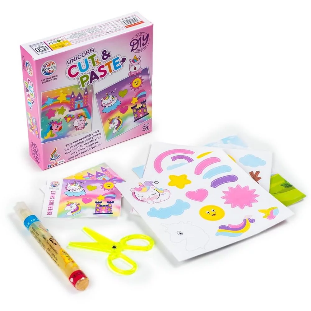 Ratna's cut & paste unicorn themed craft kit has line of sheet to engage little hands in their creative pursuit. Cut the pictures with plastic scissor (safe for childerns to use), paste with glue on the board and make your own scene. It contains 4 unicorn themed designer scene board, 4 sheets of designs with cutting marks, 1 glue tube & 1 plastic scissor safe for kids to use. This enchanting craft toy provides everything you need to create your very own magical unicorn masterpiece. Helps kids to enhance their creative as well as artistic skills, improves hand eye coordination, helps to reduce screentime. Made in India