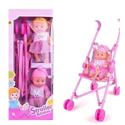 Shopbefikar Baby Doll & Stroller Set (2 Dolls!) | Pink, Foldable Stroller | Fun for Toddlers