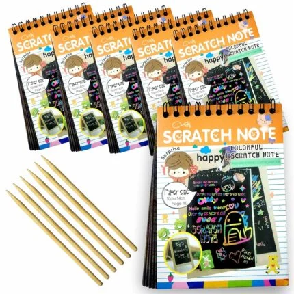 Stack of 6 Shopbefikar scratch books with vibrant covers, highlighting the bulk party favor option.