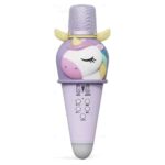 Child using Unicorn Microphone Machine with LED lights flashing, singing joyfully.