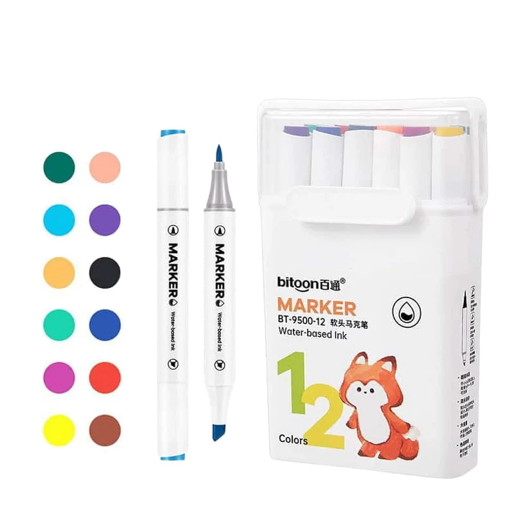 Shopbefikar Alcohol Markers (12 Colors) - Starter Set, Dual Tip, Budget-Friendly