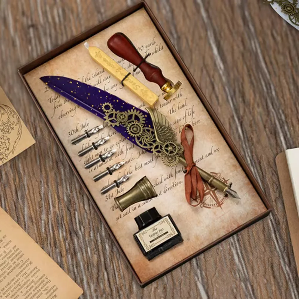 Feather Calligraphy Pen Set | Vintage-Inspired, 5 Nibs, Wax Seal - Image 3