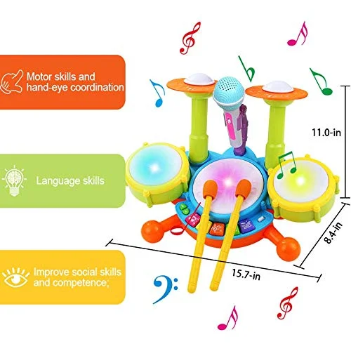 Kids Drum Set with Lights, Sounds, and Microphone (Age 4+) - Image 3