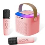 Portable Karaoke Machine for Kids: 2 Wireless Microphones and LED Lights pink colour