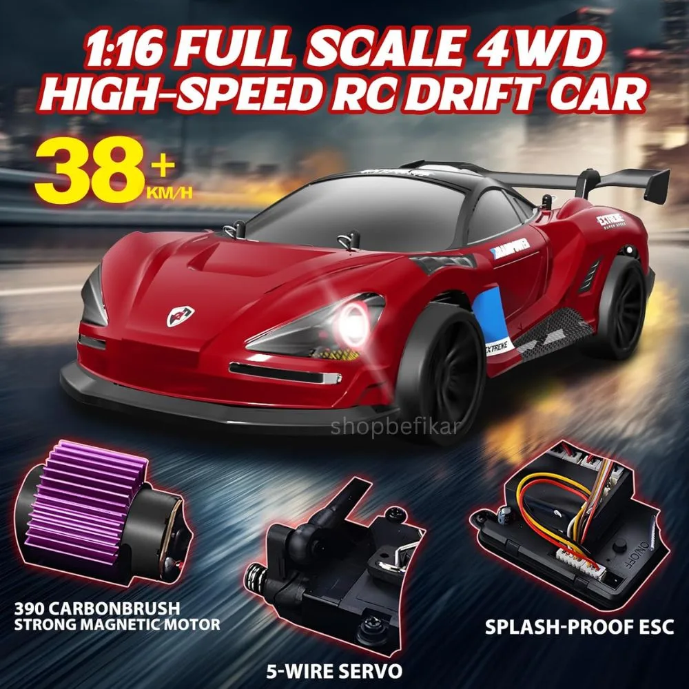 Fully Proportional RC Drift Car – 1/16 Scale, 4WD, 38KM/H Speed, Rechargeable, with Lights & Dual Tire Sets - Image 2
