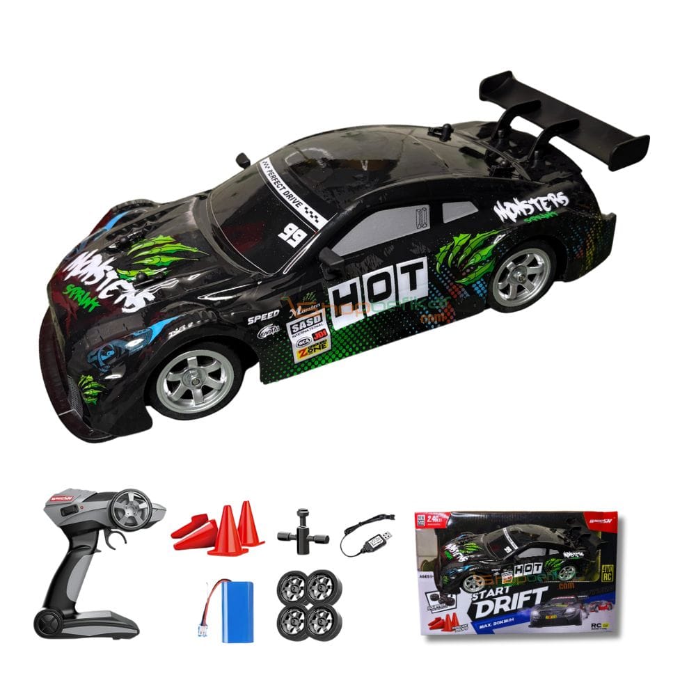 black monster drift car High-Speed Drift RC Car 1:16 Scale with Rechargeable Battery, LED Lights & Drift Kit - Image 1
