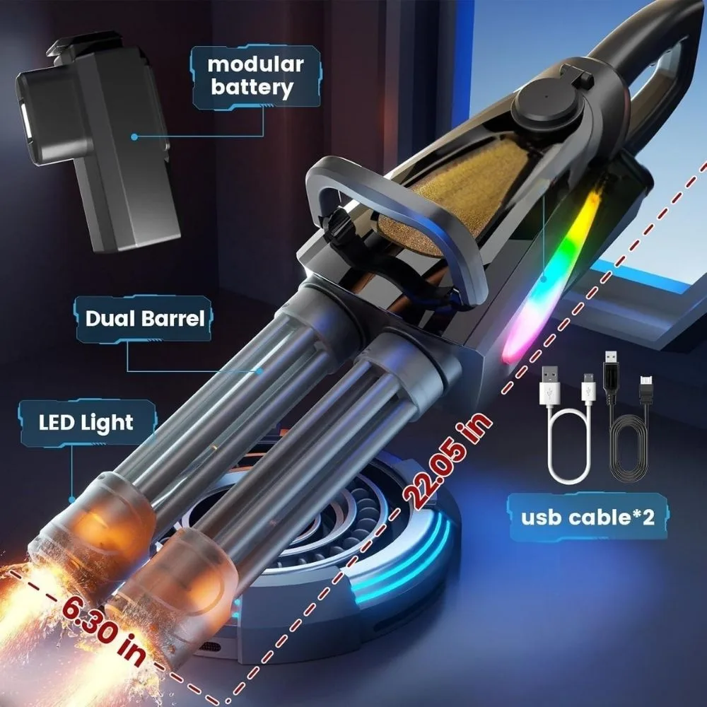 Double Barrel Electric Water Gun Blaster | Flame Light Gatling Pichkari | 1 Player | Age 6+ | Holi Play - Image 9