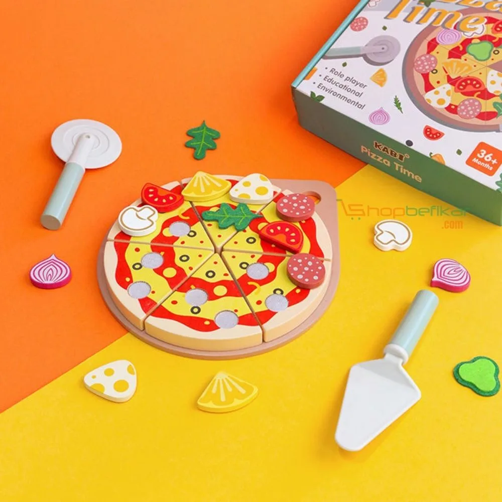 KABI Pizza Chef Junior Wooden Toy | DIY Pizza Food Slicer Set with Reusable Stickers | Pretend Play Kitchen Toy | Age 3+ - Image 4