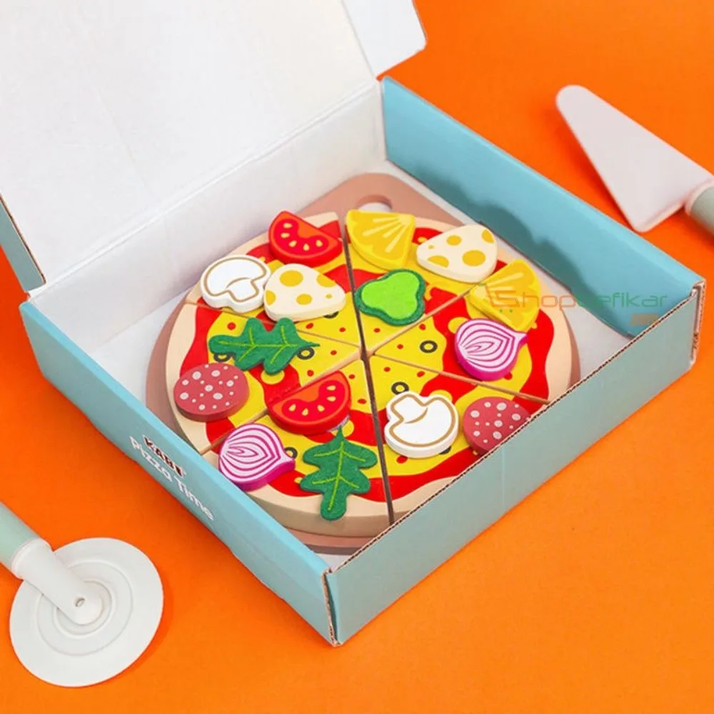 KABI Pizza Chef Junior Wooden Toy | DIY Pizza Food Slicer Set with Reusable Stickers | Pretend Play Kitchen Toy | Age 3+ - Image 3