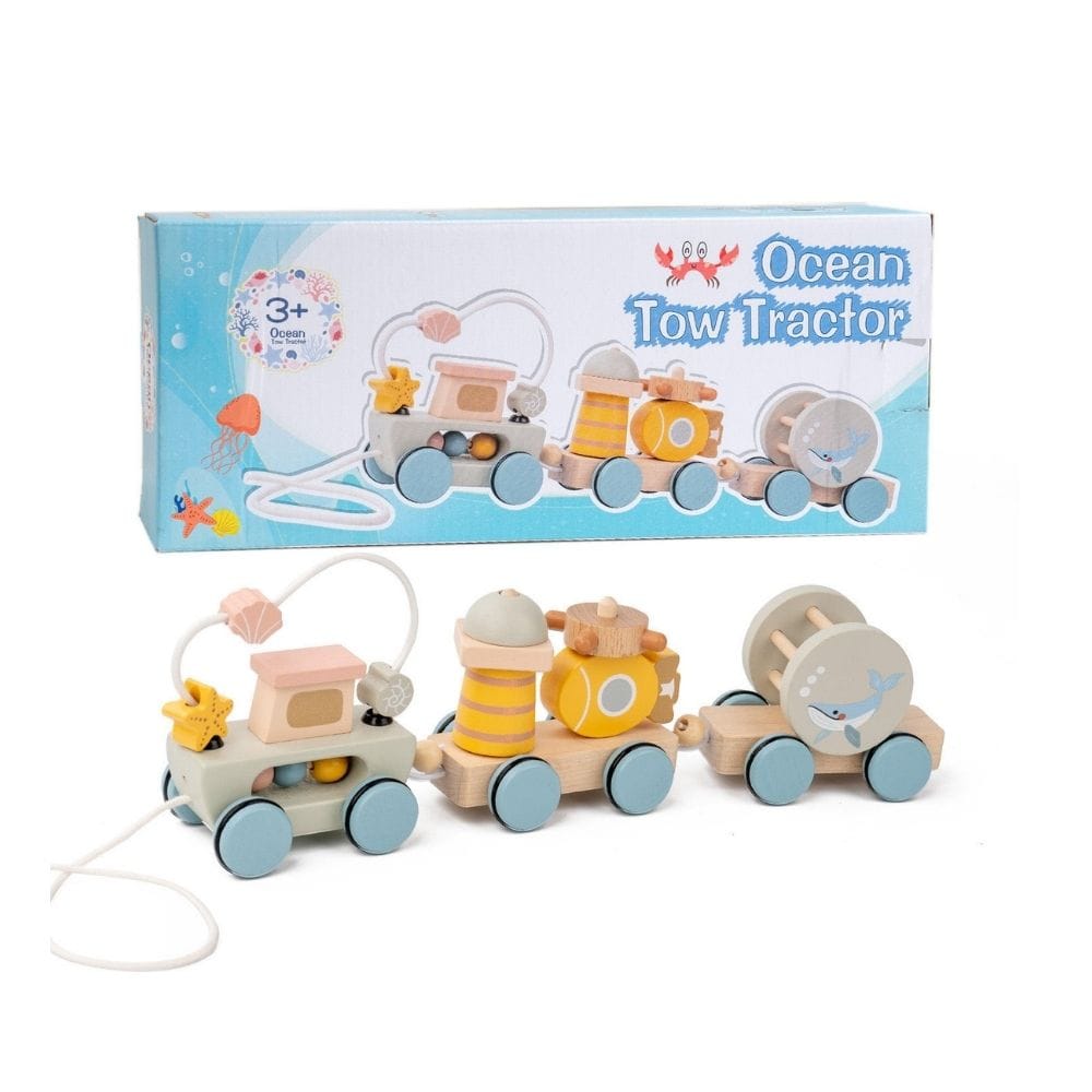 Ocean Tow Tractor Wooden Pull-Along Train Toy -4 Ocean Tow Tractor Wooden Pull Along Train Toy for Kids 3+ | Shopbefikar