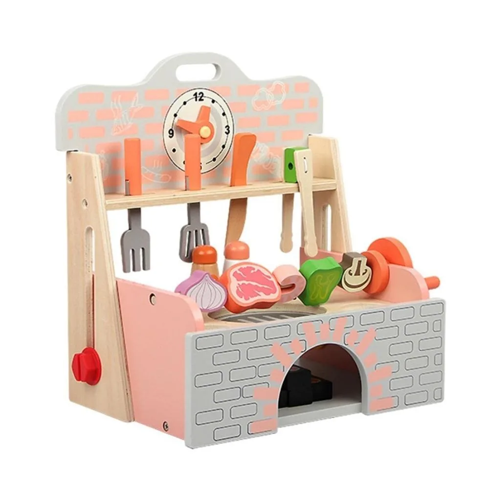 Wooden Pretend Barbecue Grill Playset | Montessori BBQ Kitchen Role Play Toy with Food & Utensils | Age 3+ | Indoor Play - Image 5
