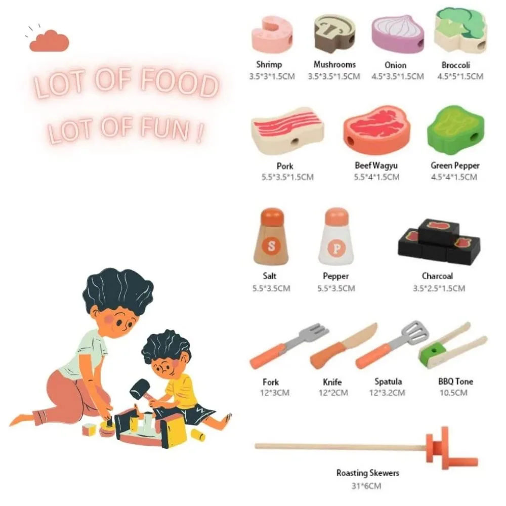 Wooden Pretend Barbecue Grill Playset | Montessori BBQ Kitchen Role Play Toy with Food & Utensils | Age 3+ | Indoor Play - Image 4