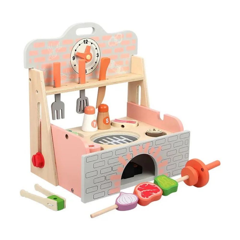 Wooden Pretend Barbecue Grill Teaching Playset Wooden Pretend Barbecue Grill Playset for Kids 3+ | Montessori BBQ Kitchen Toy | Shopbefikar India