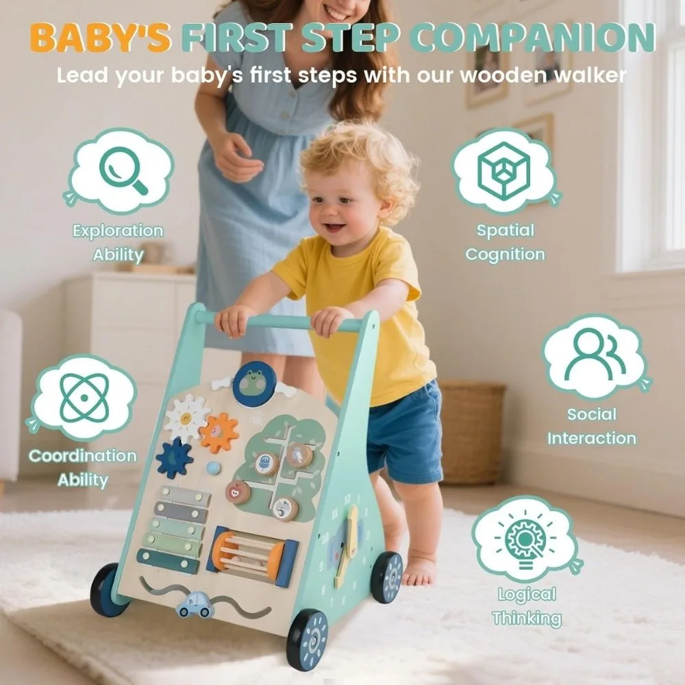 Wooden Baby Push Walker with Activity Center | Sit-to-Stand Montessori Learning Walker | Sensory & Shape Sorting Toy | 9+ Months - Image 9