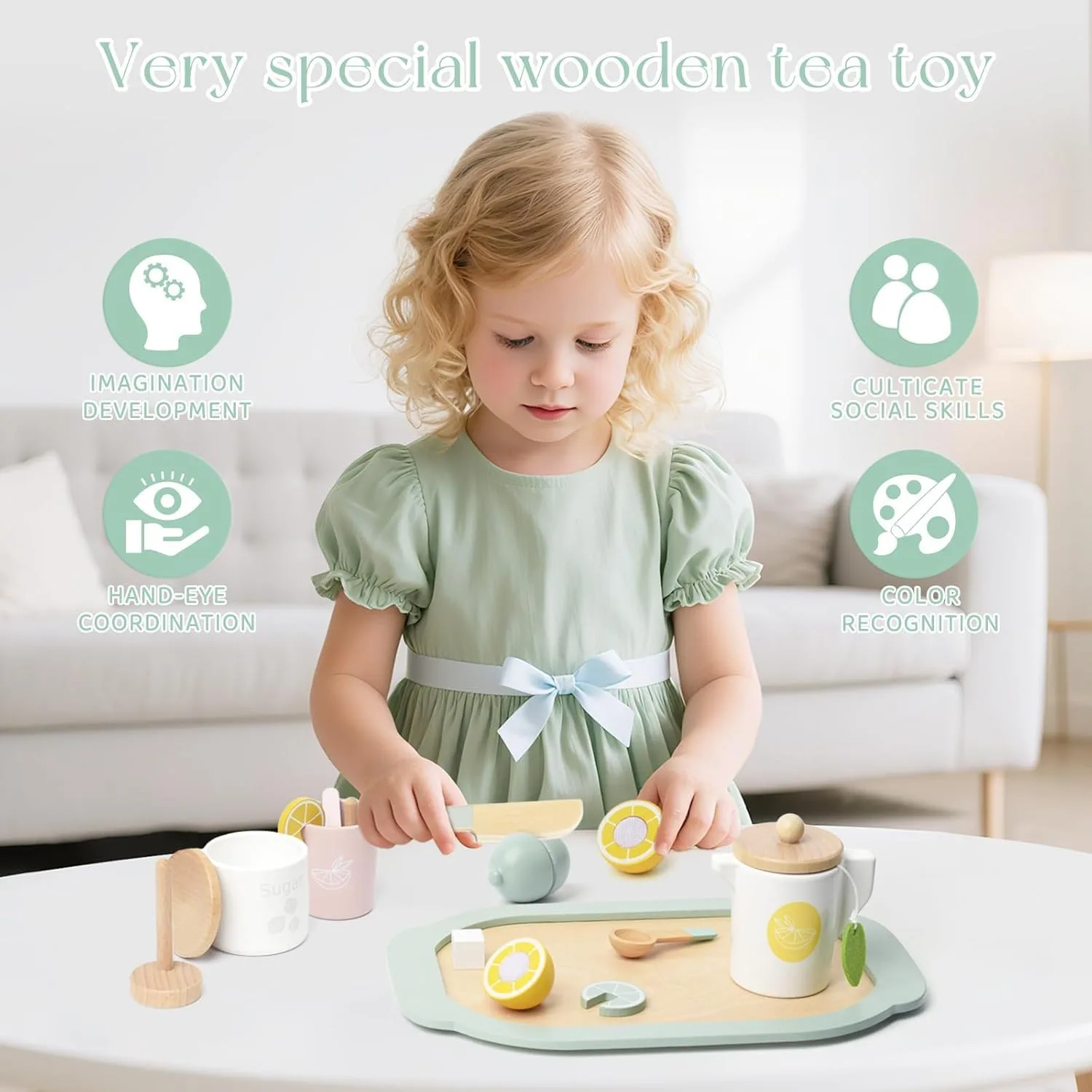 KABI Wooden Lemon Tea Set Pretend Play Toy | Tea Party Role Play Kitchen Set | Montessori Wooden Toy | Age 3+ | Indoor Play - Image 6