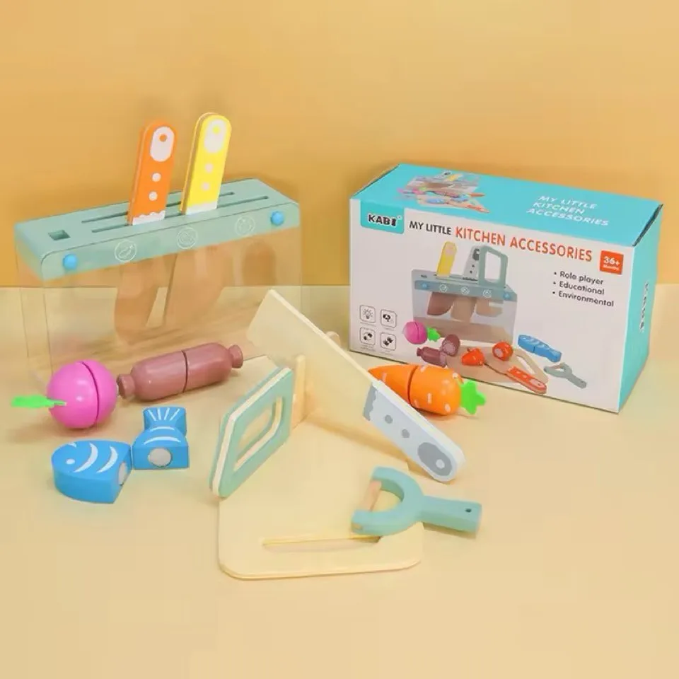 KABI Wooden Knife Playset for Kids | Safe Pretend Cutting Set with Board & Vegetables | Montessori Kitchen Role Play Toy | Age 3+ - Image 5