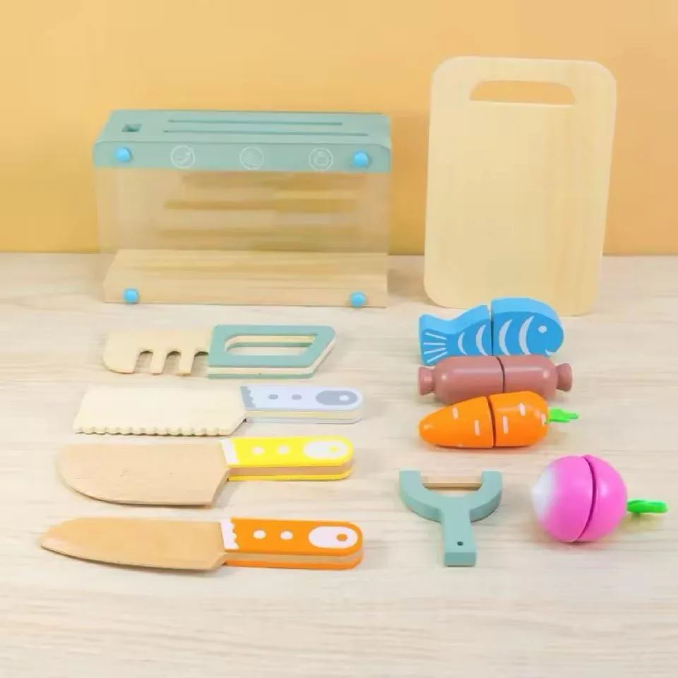 KABI Wooden Knife Playset for Kids | Safe Pretend Cutting Set with Board & Vegetables | Montessori Kitchen Role Play Toy | Age 3+ - Image 3