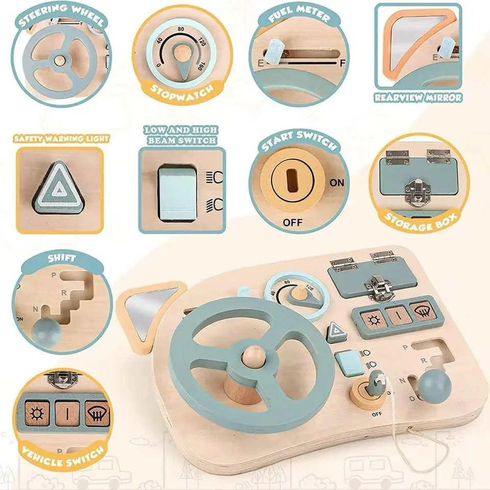 Wooden Driving Busy Board for Toddlers | Steering Wheel Interactive Learning Toy | Montessori Car Dashboard Pretend Play | Age 2–5 Years - Image 8