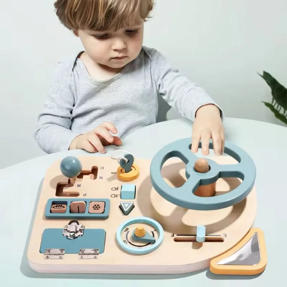 Wooden Driving Busy Board for Toddlers | Steering Wheel Interactive Learning Toy | Montessori Car Dashboard Pretend Play | Age 2–5 Years - Image 3