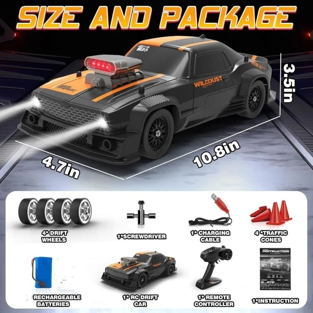 1:16 RC Drift Car 4WD | 50km/h Dodge Challenger Style Muscle Car | Gyro, LED Lights & Drift Tires | Pro Racing Car - Image 8