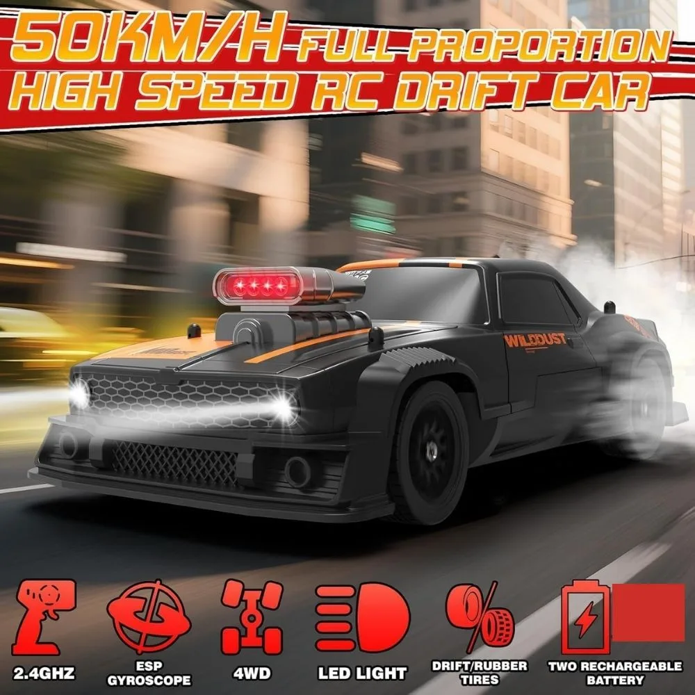 1:16 RC Drift Car 4WD | 50km/h Dodge Challenger Style Muscle Car | Gyro, LED Lights & Drift Tires | Pro Racing Car - Image 5