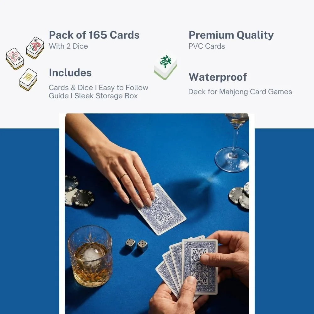 Mahjong Playing Cards Set | 165 Waterproof Plastic Cards with 2 Dice | Family Game | 2–4 Players | 30–60 Min - Image 2