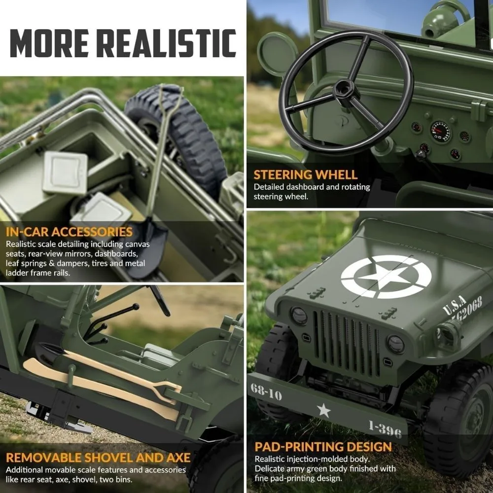 1:10 Scale Willys MB Jeep RC Car | 4WD Military Off-Road Vehicle | 2.4GHz RTR RC Crawler with LED Lights - Image 7