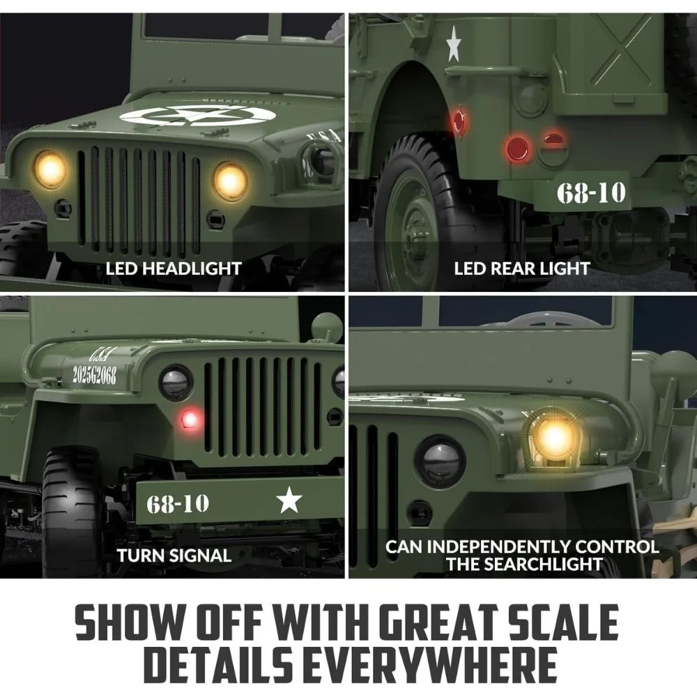 1:10 Scale Willys MB Jeep RC Car | 4WD Military Off-Road Vehicle | 2.4GHz RTR RC Crawler with LED Lights - Image 6