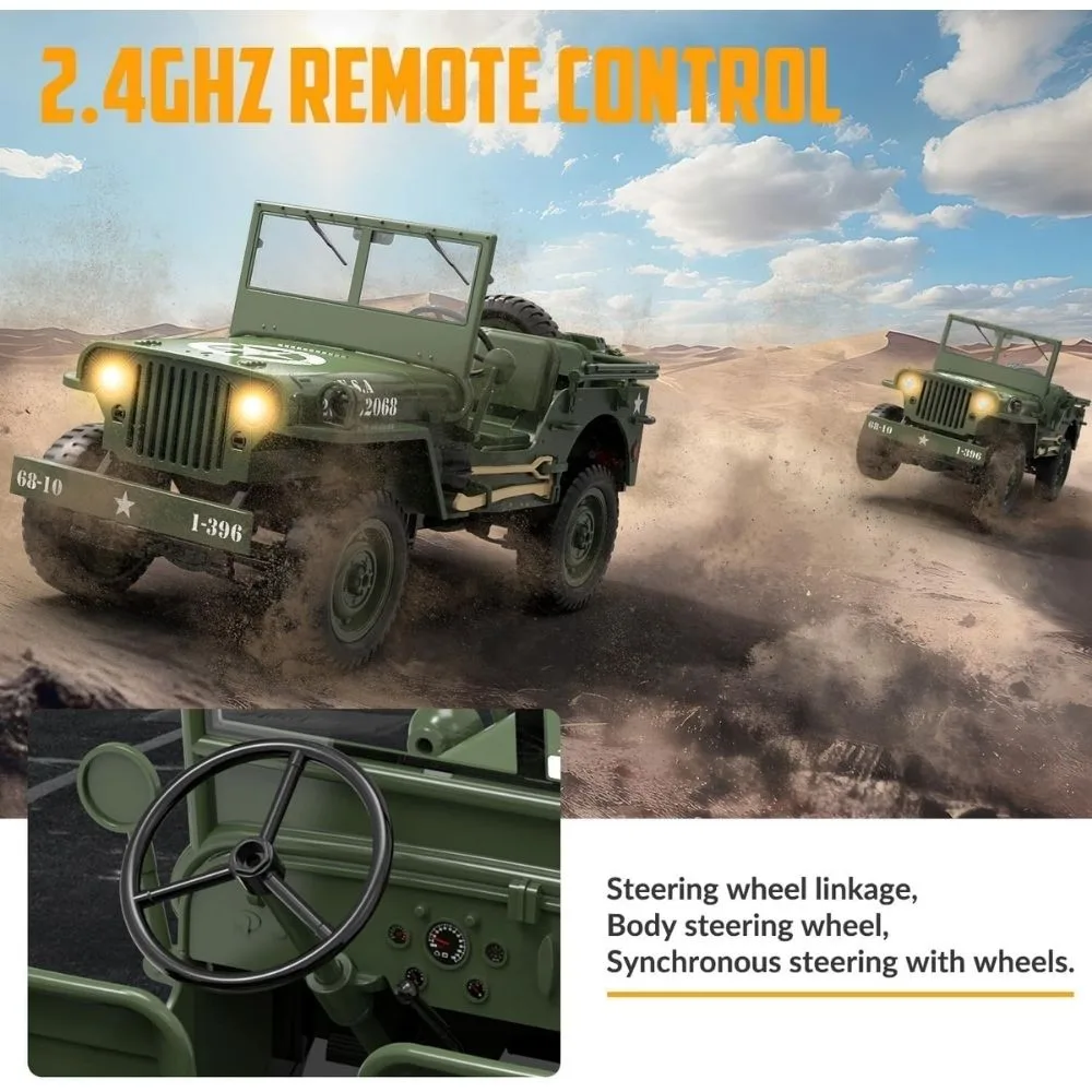 1:10 Scale Willys MB Jeep RC Car | 4WD Military Off-Road Vehicle | 2.4GHz RTR RC Crawler with LED Lights - Image 5
